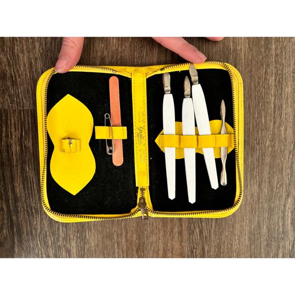 Vintage Griffon Manicure Nail Set Kit Embroidered Leather Austria Yellow AS IS - Picture 5 of 10